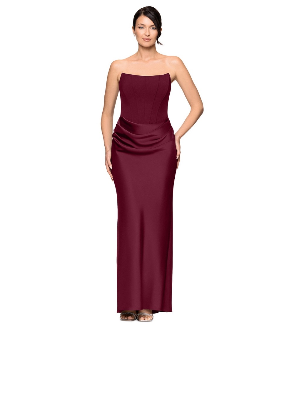 Betsy & Adam Strapless Wine-Red Column Gown